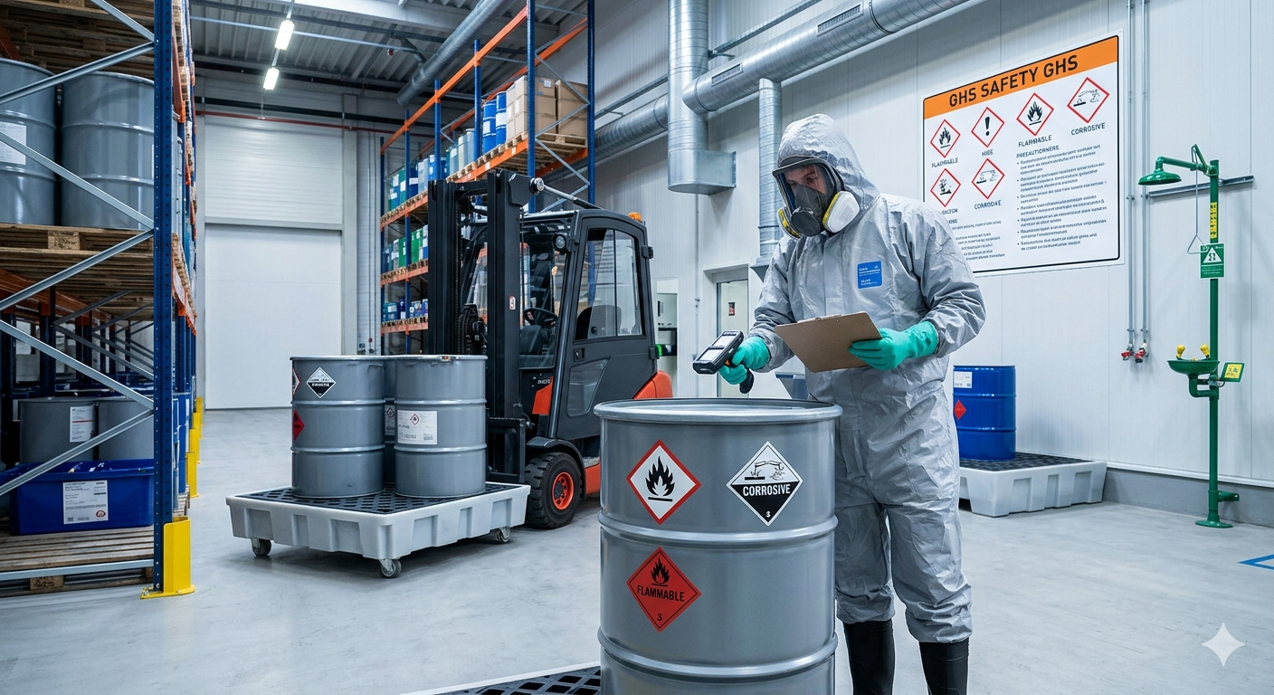 Seorang petugas logistik farmasi, mengenakan Alat Pelindung Diri (APD) penuh, di gudang penyimpanan bahan kimia berbahaya (B3) farmasi dengan penahanan tumpahan, GHS label bahaya besar di dinding, dan drum kimia korosif. Petugas sedang memindai label pada drum dengan scanner handheld dan clipboard, mengilustrasikan kepatuhan keselamatan dan penanganan B3 yang ketat.