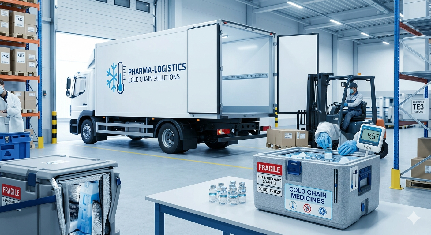 Petugas gudang farmasi mengenakan sarung tangan sedang memantau suhu digital yang menunjukkan 4.5°C saat memindahkan wadah vaksin rantai dingin (cool box) bertanda 'KEEP REFRIGERATED' ke dalam truk pendingin di dok pemuatan, mengilustrasikan proses distribusi cold chain farmasi yang presisi.