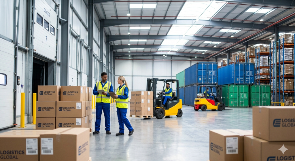 Foto interior gudang logistik yang bersih dan terorganisir, menampilkan staf operasional USLOGT sedang melakukan proses bongkar muat barang menggunakan forklift untuk manajemen rantai pasok yang efisien.