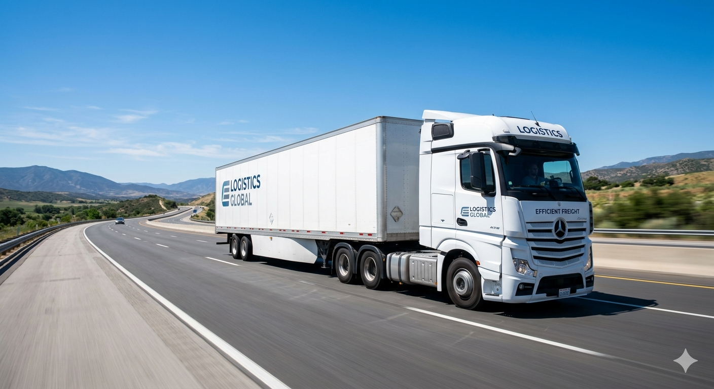 Sebuah truk logistik putih modern USLOGT sedang melaju di jalan tol pada siang hari yang cerah, melambangkan layanan pengiriman barang yang cepat dan andal di Indonesia.