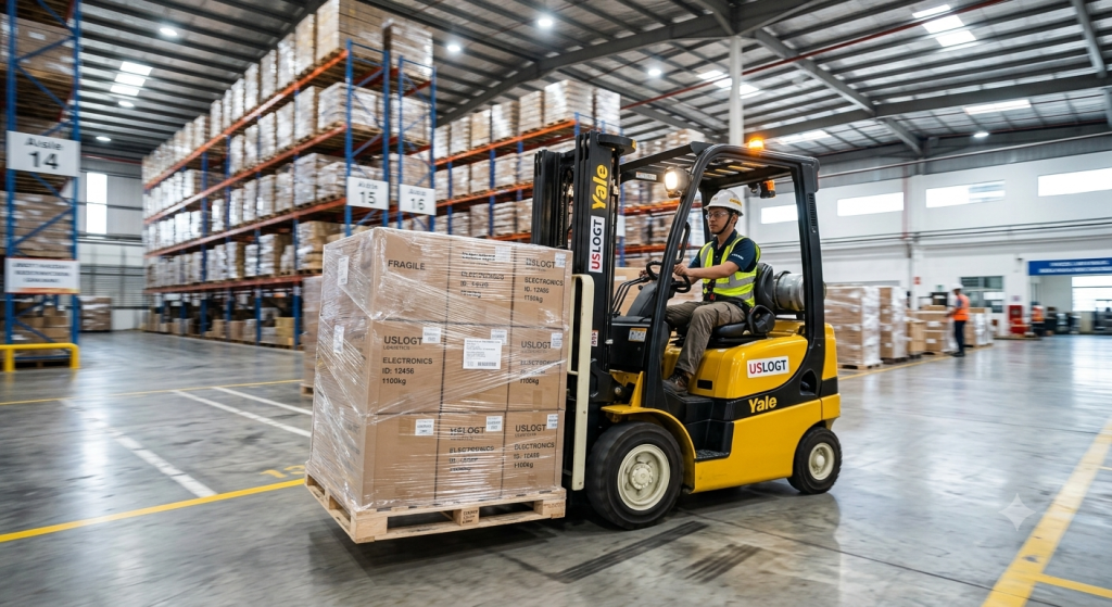 Fasilitas manajemen gudang logistik modern USLOGT yang terorganisasi dengan sangat rapi untuk menunjang kelancaran rantai pasok.